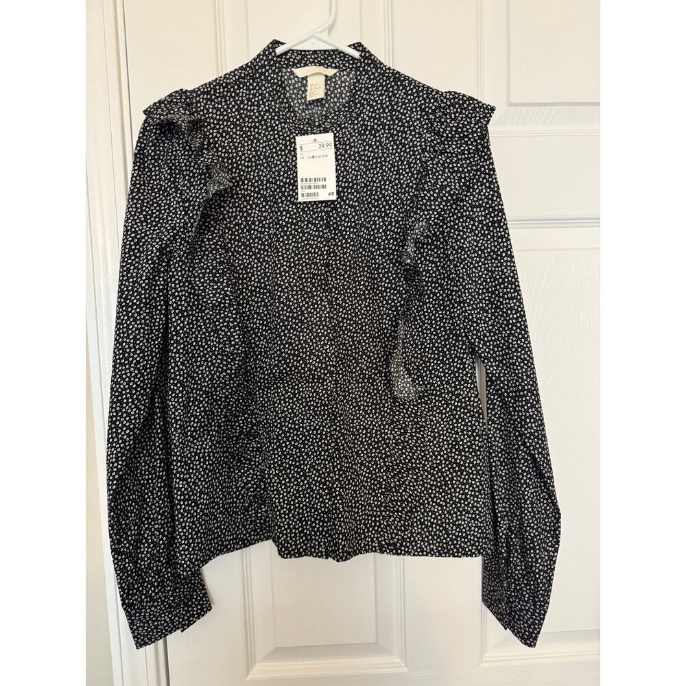 H&M Women's Long Sleeve Blouse 6‎ Black White Floral Cotton